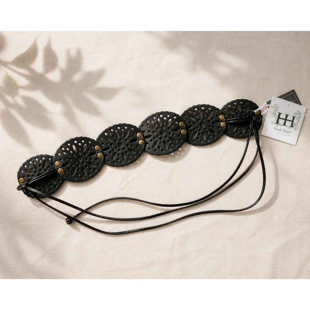 Haute Hippie Black Cutout Medallion Wrap Boho Belt Tassel Tie NWT - Picture 7 of 7